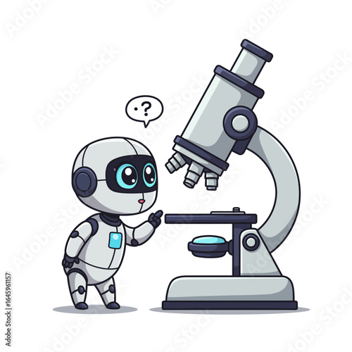 A curious robot examines a microscope, pondering scientific observation and discovery.