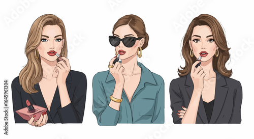 Elegant women applying lipstick fashionably promoting beauty products for social media