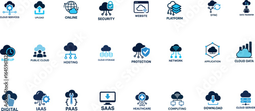 Cloud Computing and Digital Service Icons for Modern Tech Platforms