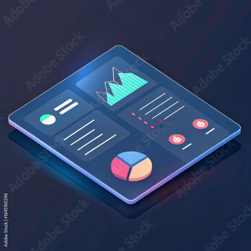 Isometric digital dashboard displaying various charts and graphs for data analytics and business intelligence