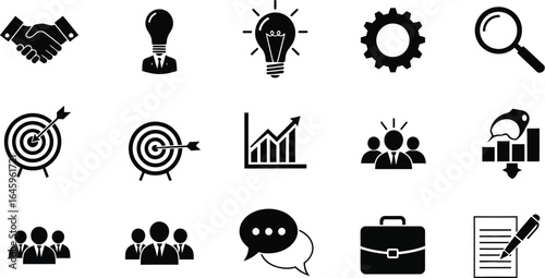 A collection of business related icons including handshake, target, and lightbulb on a white background