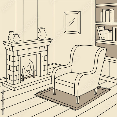 Illustration of a cozy living room with a fireplace armchair bookshelf and picture frame on the wall