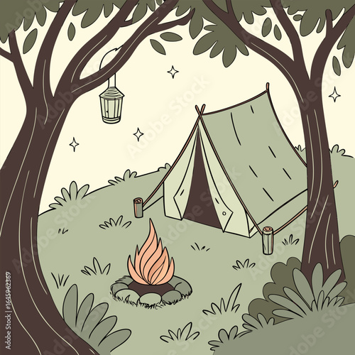 A serene camping scene featuring a tent, campfire, trees, lantern, and stars in a peaceful outdoor setting