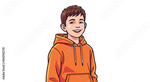 Cheerful young boy smiling in a vibrant orange hoodie, radiating positivity and authentic youthful energy