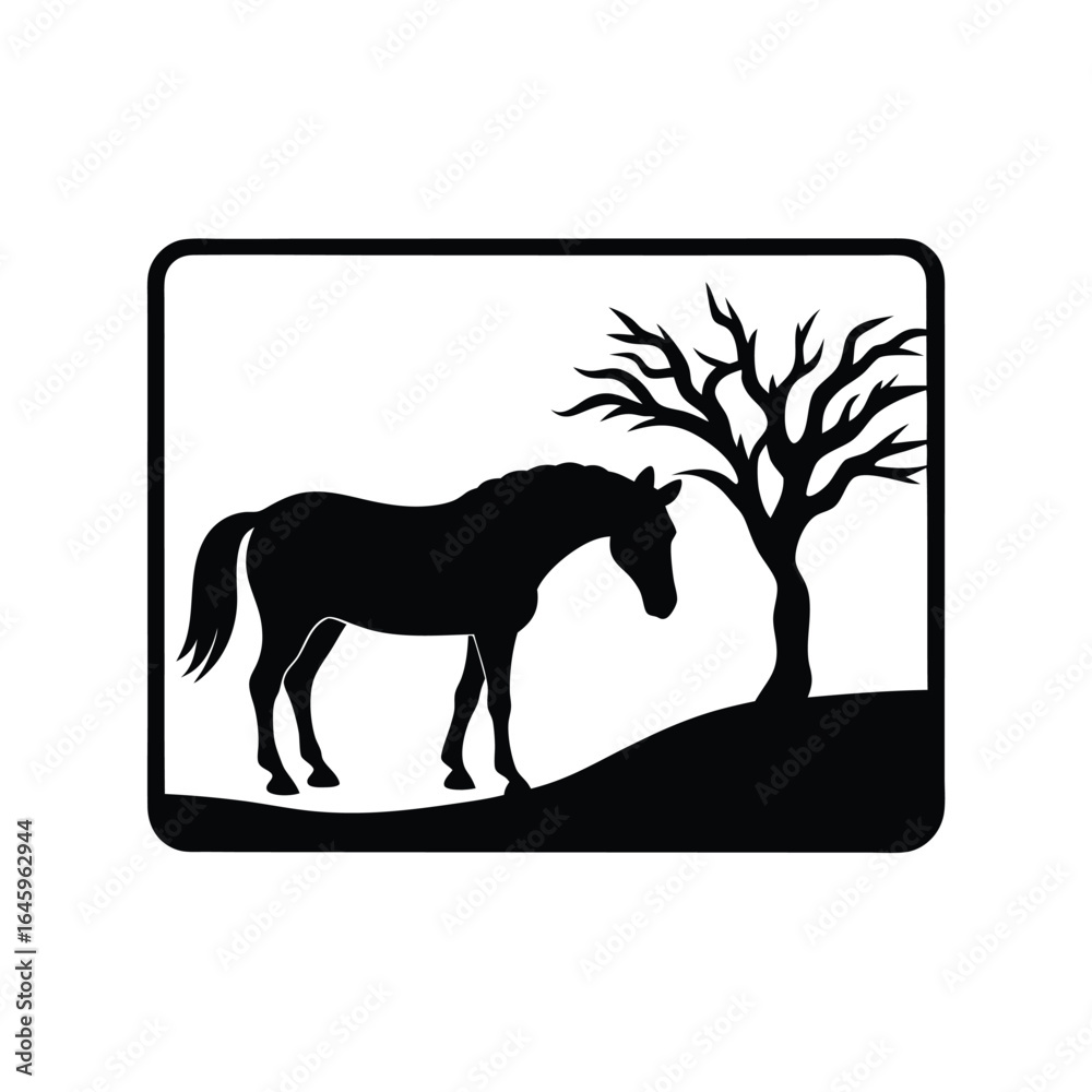 Fototapeta premium Horse standing near barren tree scenic artwork animal silhouette vector collection of silhouette vector illustration