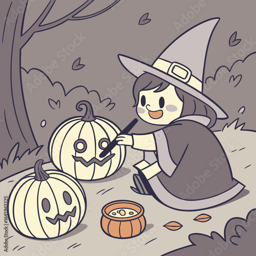 Little witch carving pumpkins in a forest scene with a cauldron and falling leaves in autumn season mood