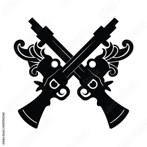 Crossed flintlock pistol firearm weapon antique ornate vintage gun collection of silhouette vector illustration