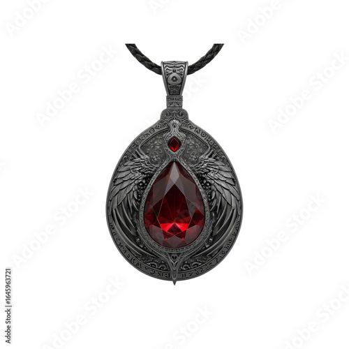 Gothic Ruby Pendant Necklace with Winged Design and Enigmatic Script