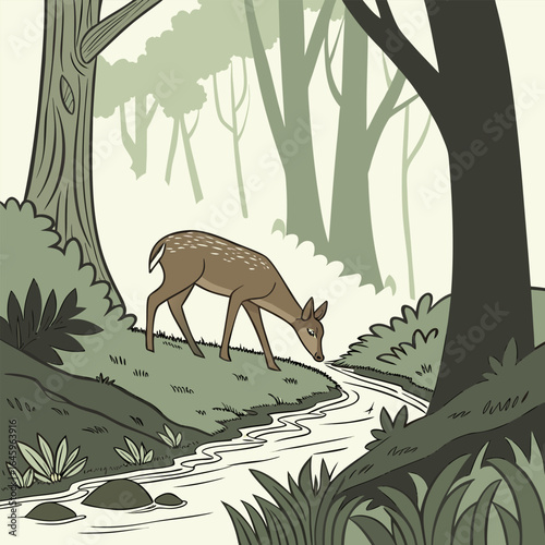 A deer drinking water from a stream in a forest with tall trees and green foliage in a cartoon style art