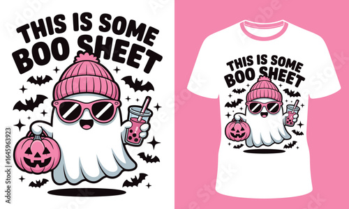 This is some boo sheet funny ghost wearing a pink beanie and sunglasses holding a drink and a pumpkin for halloween