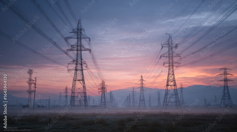 Fototapeta premium Sunrise power lines over field