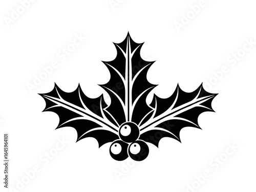 Black and white silhouette of Christmas holly with berries and leaves on a white background