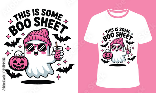 Cute cartoon ghost wearing a pink beanie and sunglasses holding a drink with a pumpkin and bats for a fun halloween t shirt design
