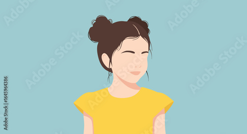 Trendy young girl with a joyful expression and space buns hairstyle radiating youthful spirit and playful charm