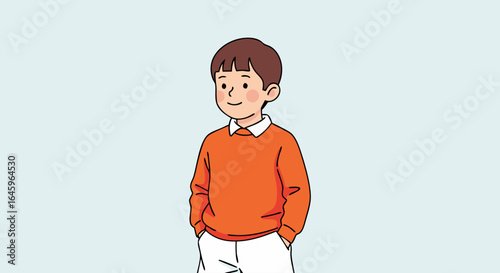Cheerful young boy with friendly smile posing confidently in casual clothes, radiates innocence and happiness