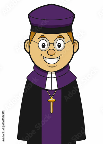 Cartoon Priest with Cross Necklace – Faith, Religion, Clergy, Illustration, Spiritual, Purple Hat, Black Robe