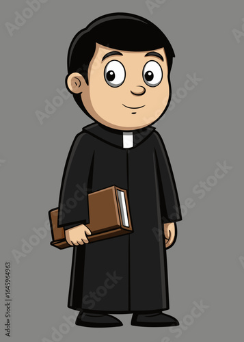 Priest Cartoon Character Holding Bible – Faith, Religion, Clergy, Illustration, Spiritual, Black Robe, Gray Background