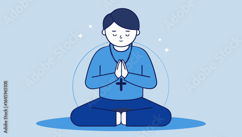 Spiritual Meditation Pose – Wellness, Peace, Mindfulness, Prayer, Blue Outfit, Calm, Cross Pendant
