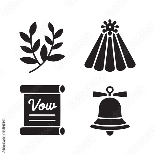 A collection of four black and white icons featuring a branch a lamp a scroll and a bell design set