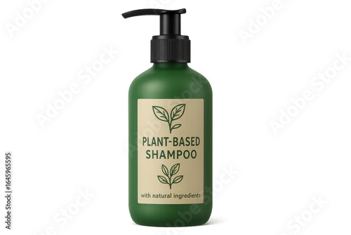 Green plant-based shampoo bottle with pump dispenser on transparent background
