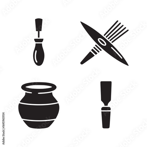 A collection of crafting tools including a pot, a chisel, and a brush in black and white design