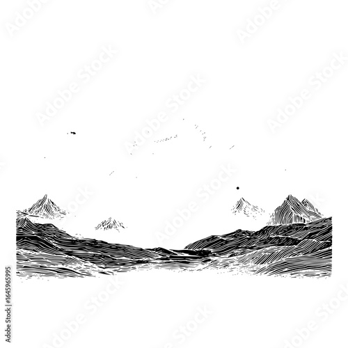 Mountain range landscape art drawing illustration vector design nature scenery peak hill graphic black and white ink 100