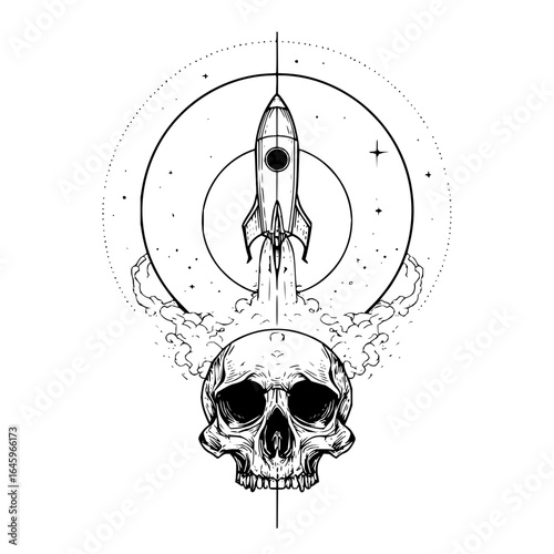 Rocket skull space galaxy stars cosmos launch death universe adventure exploration future fantasy ink art