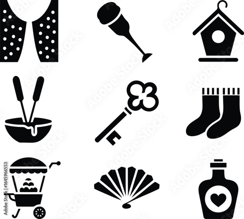Nine Stylish Black Glyph Icons: Vest, Microphone, Birdhouse, Food, Key, Socks, Cart, Fan, Bottle.