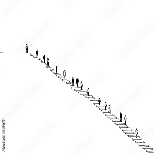 Staircase people perspective art steps climb stairs minimalist line drawing crowd walking monochrome illustration