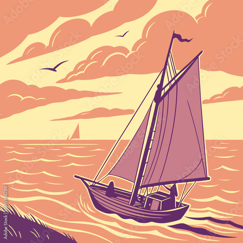 Illustration of a sailboat sailing on the ocean with clouds and birds in the sky at daytime scenery view