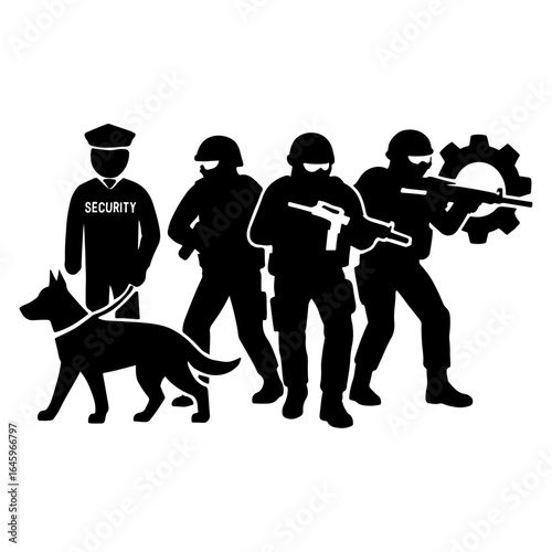 A security team stands ready with their dog and weapons to protect and serve the community and maintain law and order