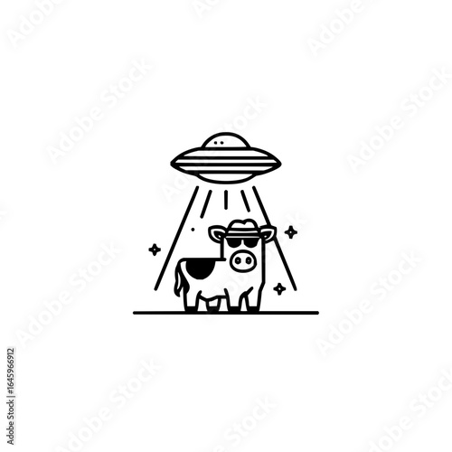 Ufo abduction cow alien spaceship galaxy stars farm animal funny cartoon vector illustration graphic design art