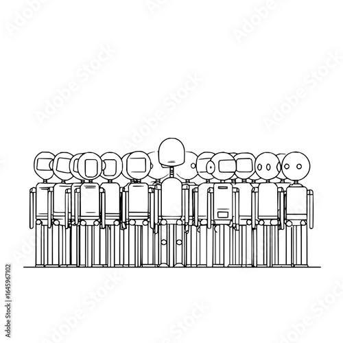 Illustration of a group of robots standing together in a line with one unique robot in the center line art