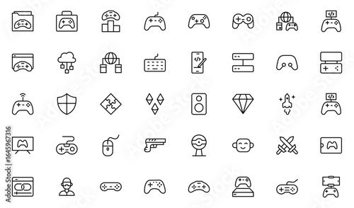 Game outline icon set. Gaming icon elements containing points and life bars, console, player, chess, multiplayer, casino and mobile game icons.