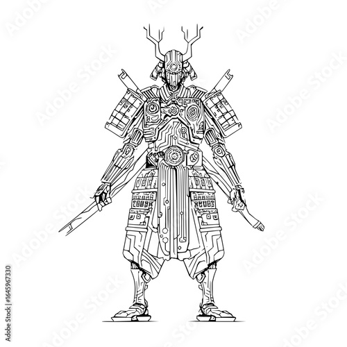 Detailed samurai robot warrior with swords and intricate armor line art illustration in black and white style design
