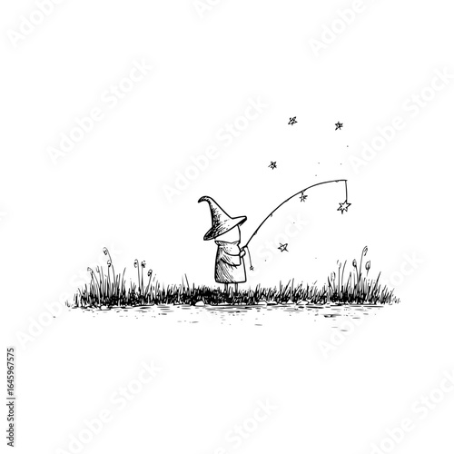 Illustration of a wizard fishing for stars in a whimsical landscape with a magical fishing rod and stars art