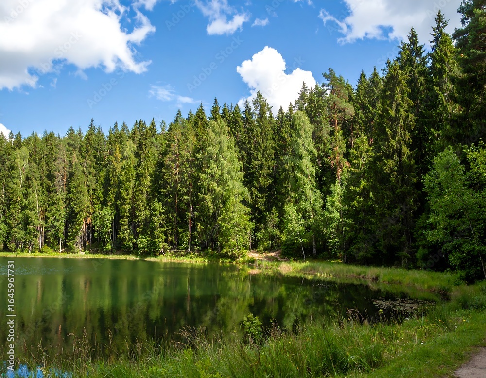 Obraz premium Serene forest lake scene