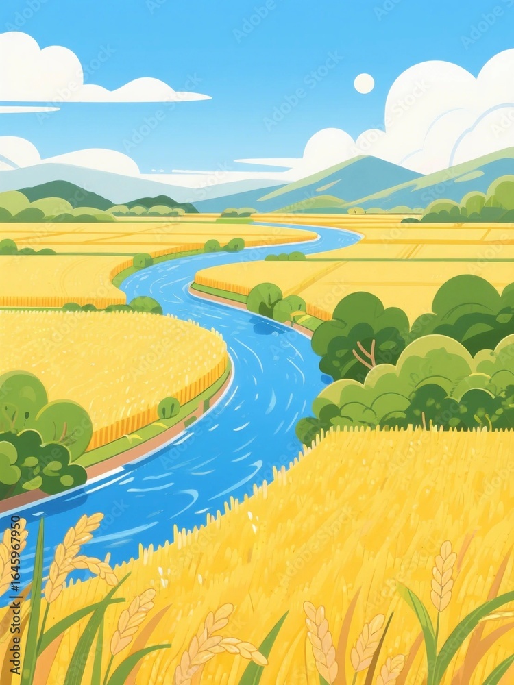 Obraz premium A vivid illustration shows a golden wheat field with a winding river under a blue sky dotted with white clouds.