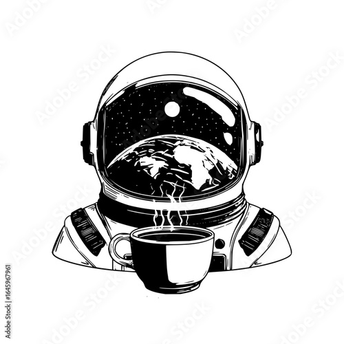Astronaut coffee space helmet earth stars galaxy universe cosmos exploration science fiction dream art drawing