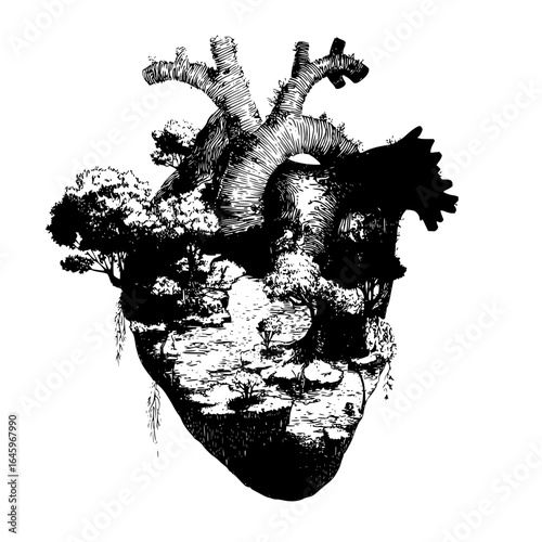 Heart nature tree landscape illustration black and white forest drawing anatomy organic art design concept sketch