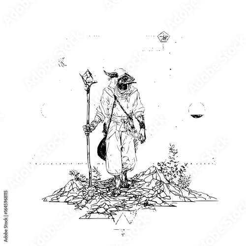 Fantasy character hooded figure staff digital art illustration drawing sketch design concept art black and white ink