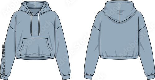 Cropped hoodie fashion flat sketch, front and back view, long sleeve, drawstring hood, kangaroo pocket, ribbed cuffs, casual streetwear apparel design