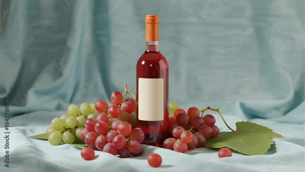Obraz premium A bottle of pink wine with fresh red grapes arranged on a blue cloth, showcasing a still life of beverage and fruit.