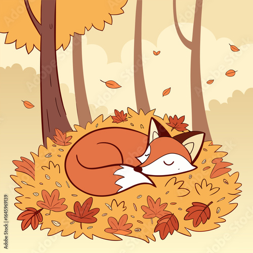 A cartoon fox is sleeping curled up in a pile of leaves under trees in an autumn themed illustration