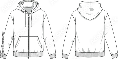 Hoodie fashion flat sketch, front and back view, vector template, casual zip-up sweatshirt design, drawstring hood, kangaroo pocket, ribbed cuffs, hem, clothing pattern outline