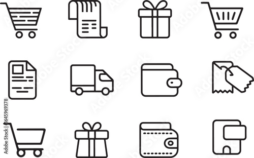 E Commerce and Online Shopping Icon Set with Cart Gift Wallet and Truck Representing Various Aspects of Digital Retail