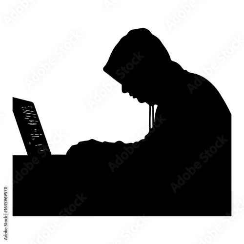 Silhouette of a hacker using a laptop to commit cyber crime and steal sensitive information online
