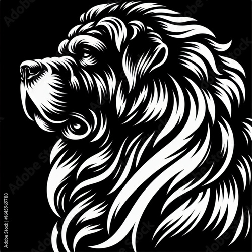 Majestic Dog Silhouette: An artistic rendering of a noble dog, showcasing intricate linework that accentuates the kingly profile. The image conveys strength, courage.