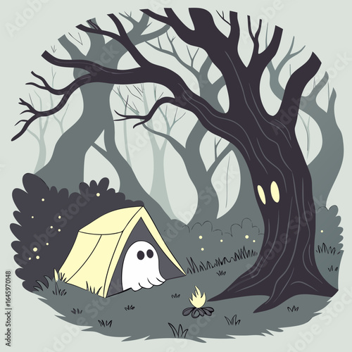 A spooky ghost camping in a yellow tent near a fire under a creepy tree in a dark forest scene