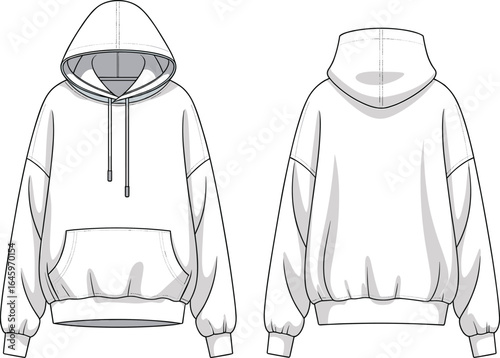 Cad drawing flat vector illustration, oversized hoodie front and back view, pullover hooded sweatshirt design, fashion apparel template, casual streetwear clothing sketch, garment technical art
